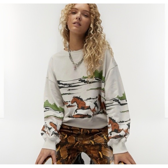 Daydreamer Tops - Daydreamer Free People Running Horses Oversized Crewneck Sweatshirt S Morn Fog